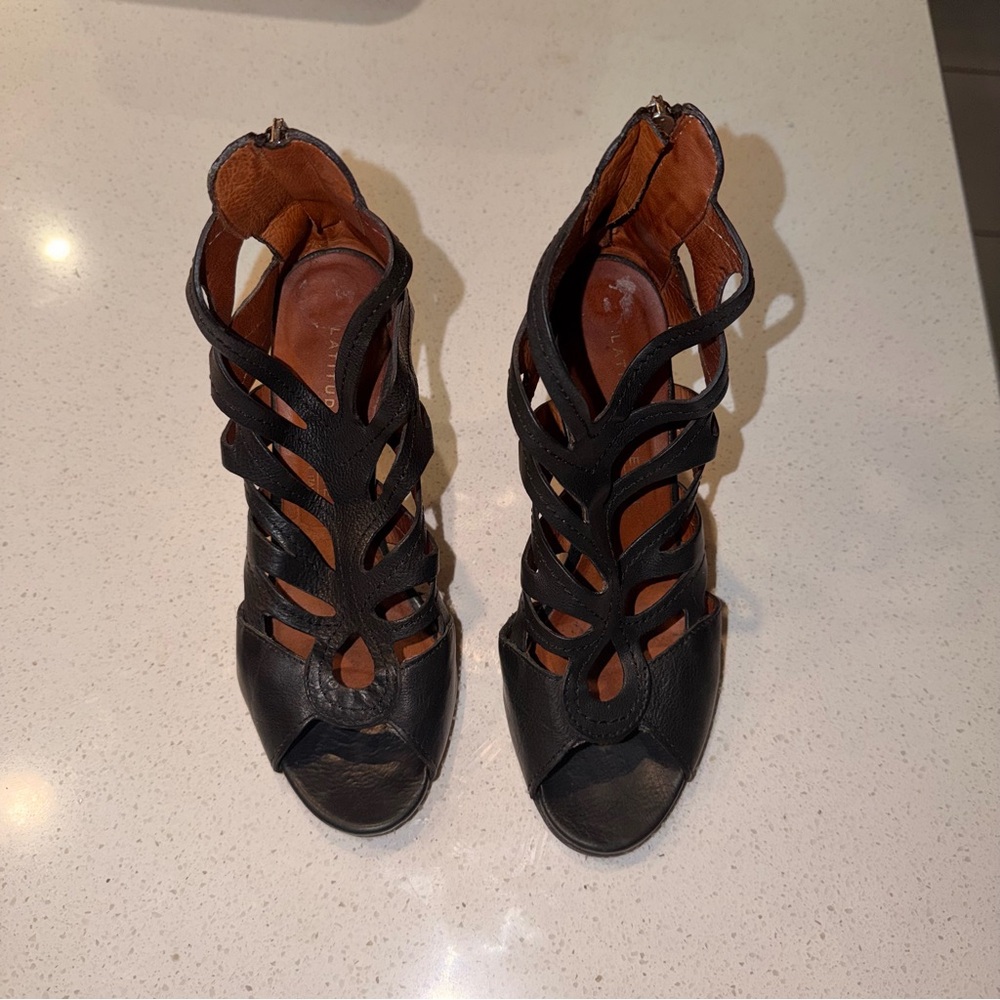 Latitude Femme Black Leather Cutout Heels 38 | Italian Dark Feminine Stilettos